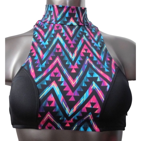 Victoria's Secret PINK Dark Aztec Geo Racerback High Neck Bikini Top S - Picture 1 of 3